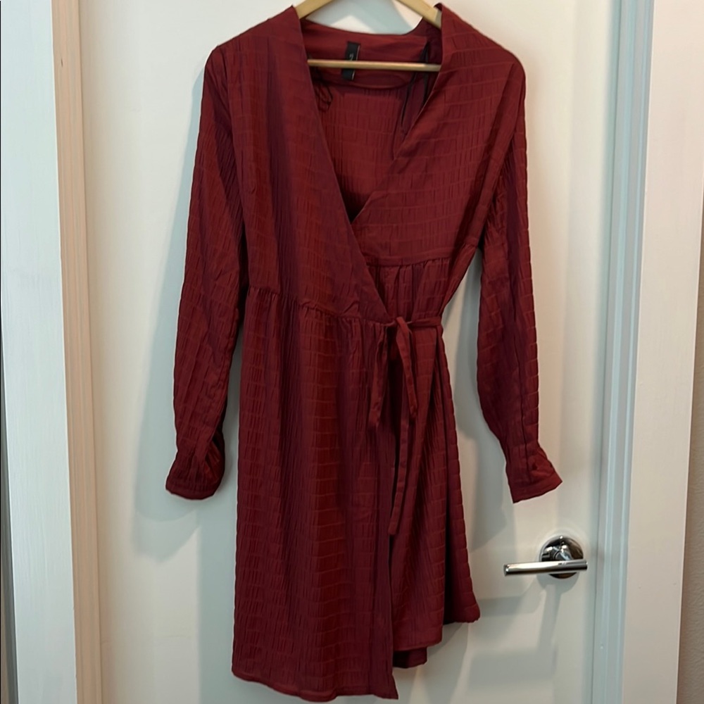 YAS Burgundy Wrap Dress Long Sleeve XS